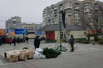 В «шахматном» сквере Мелитополя монтируют новогоднюю елку  фото